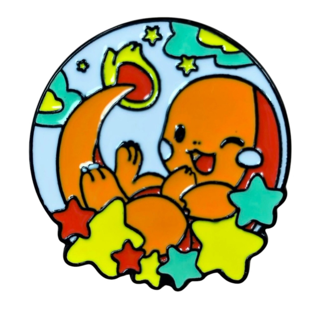 Nintendo Pokemon Cute Charmander w/ Colorful Stars And Clouds Round Enamel Pin